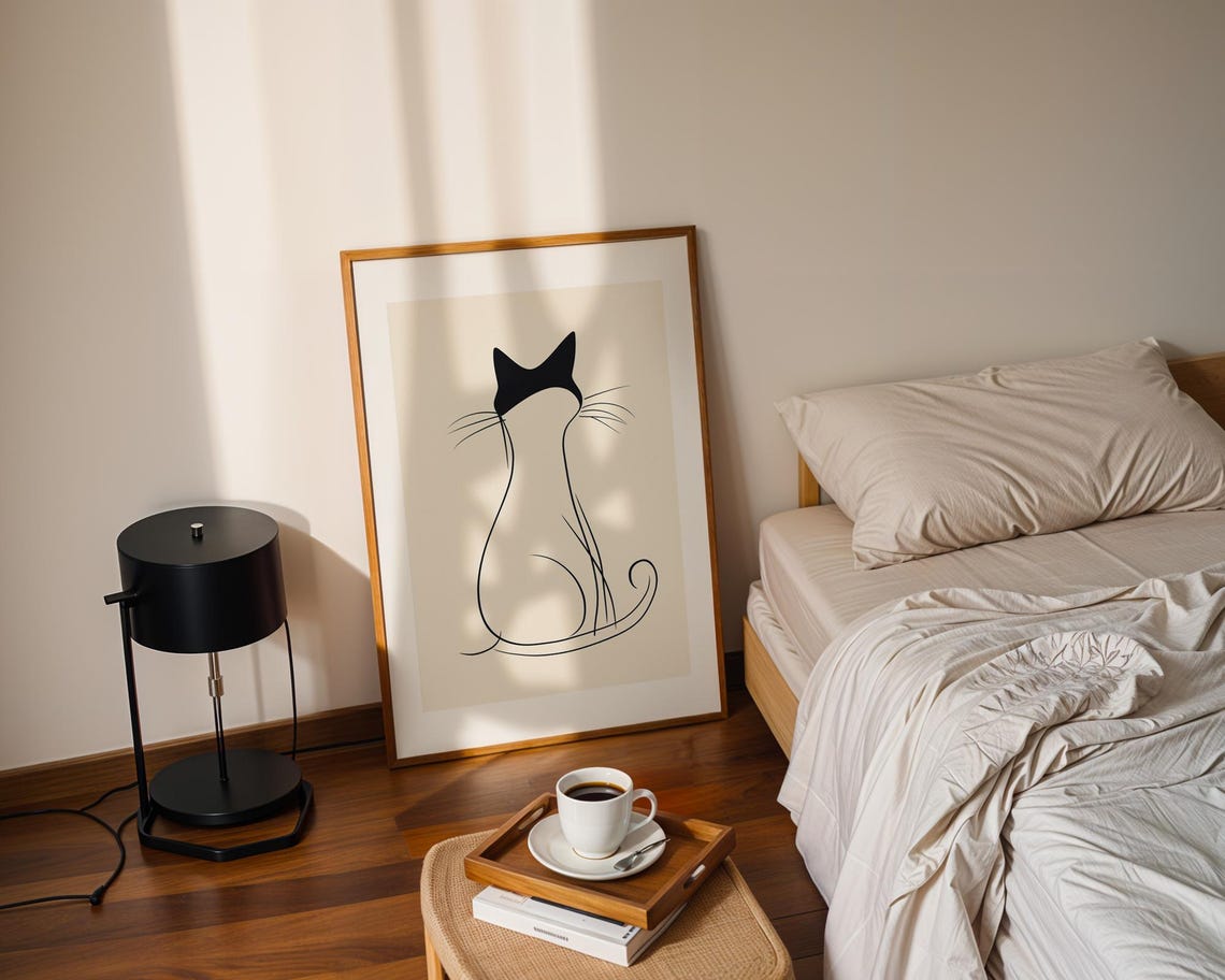 Minimalist Black Cat Line Art Sitting Silhouette Wall Poster - Image 3