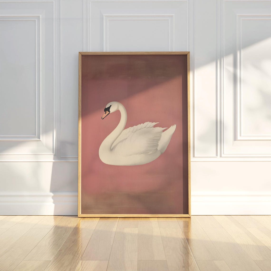Vintage White Swan Dusty Rose Background Bird Painting Poster