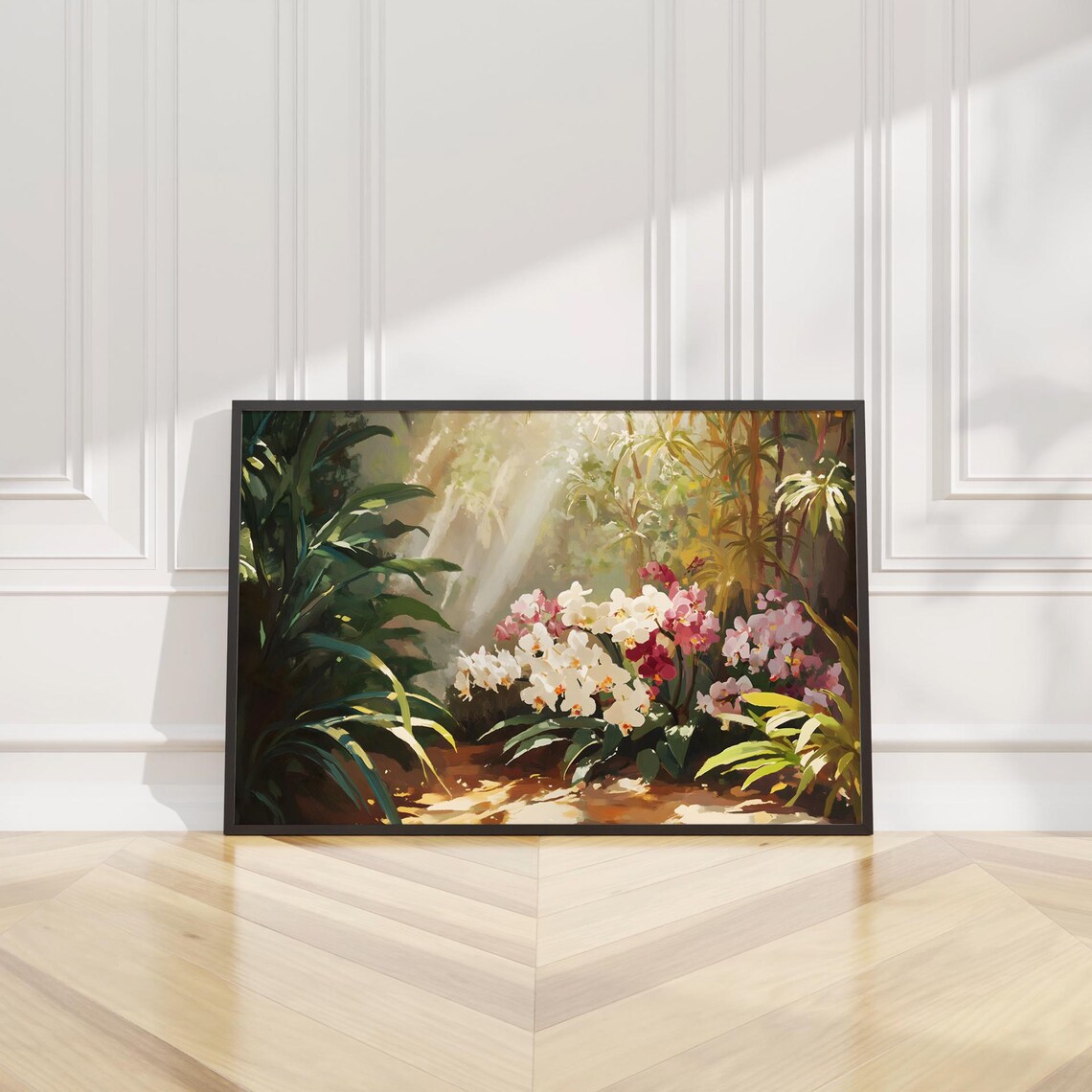 Sunlit Orchid Garden Tropical Flower Painting Landscape Poster