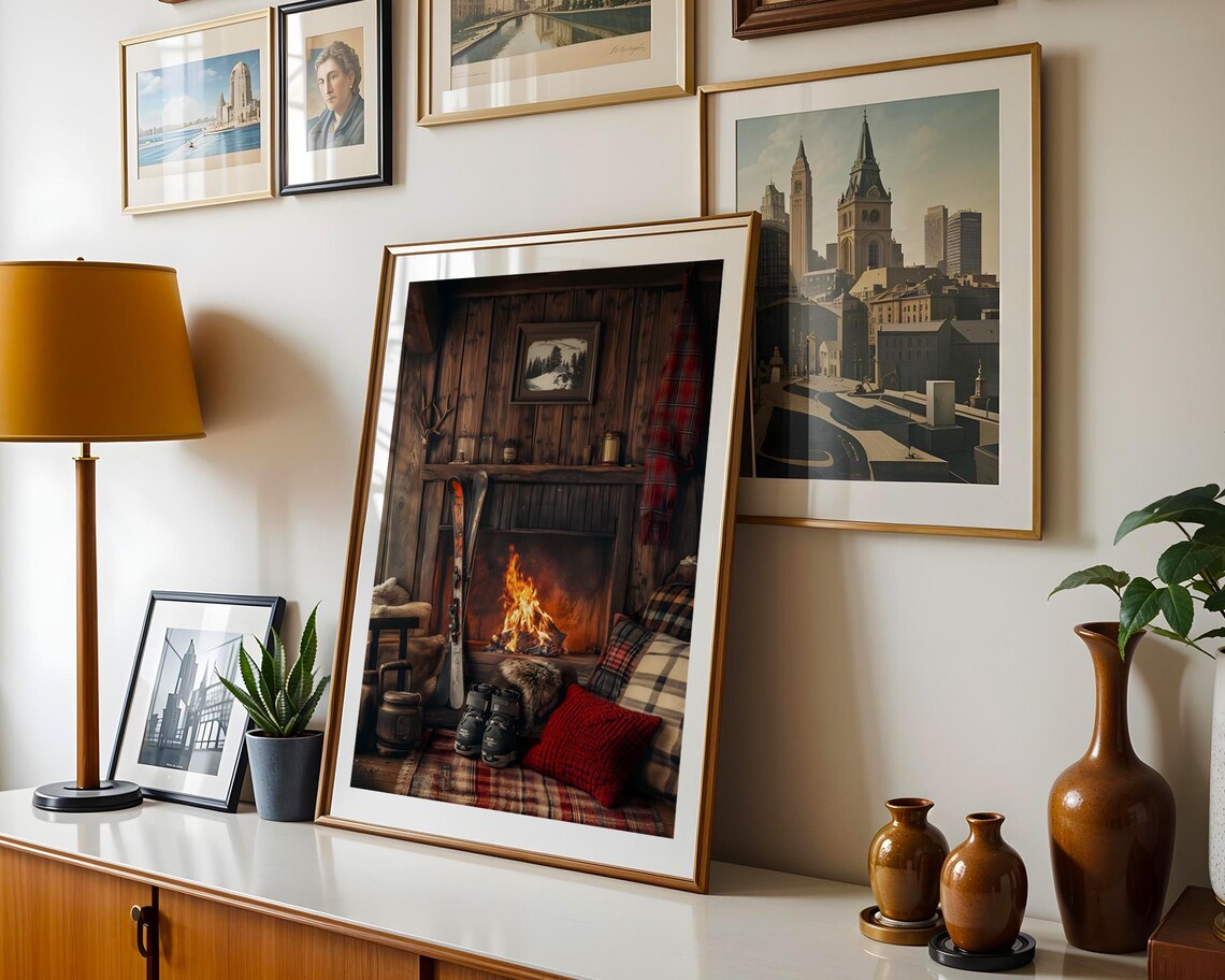 Cozy Ski Lodge Fireplace Scene Rustic Cabin Winter Retreat Poster - Image 5