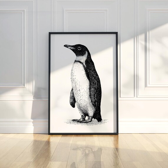 Penguin Ink Sketch Line Art Simple Animal Illustration Drawing Trendy Poster Wall Print Modern Home Decor