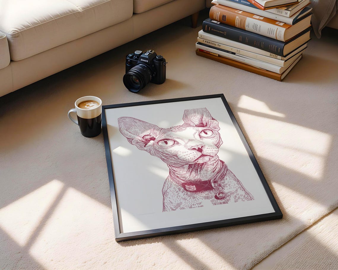 Sphynx Cat Portrait Magenta Ink Sketch Pet Illustration Poster - Image 6