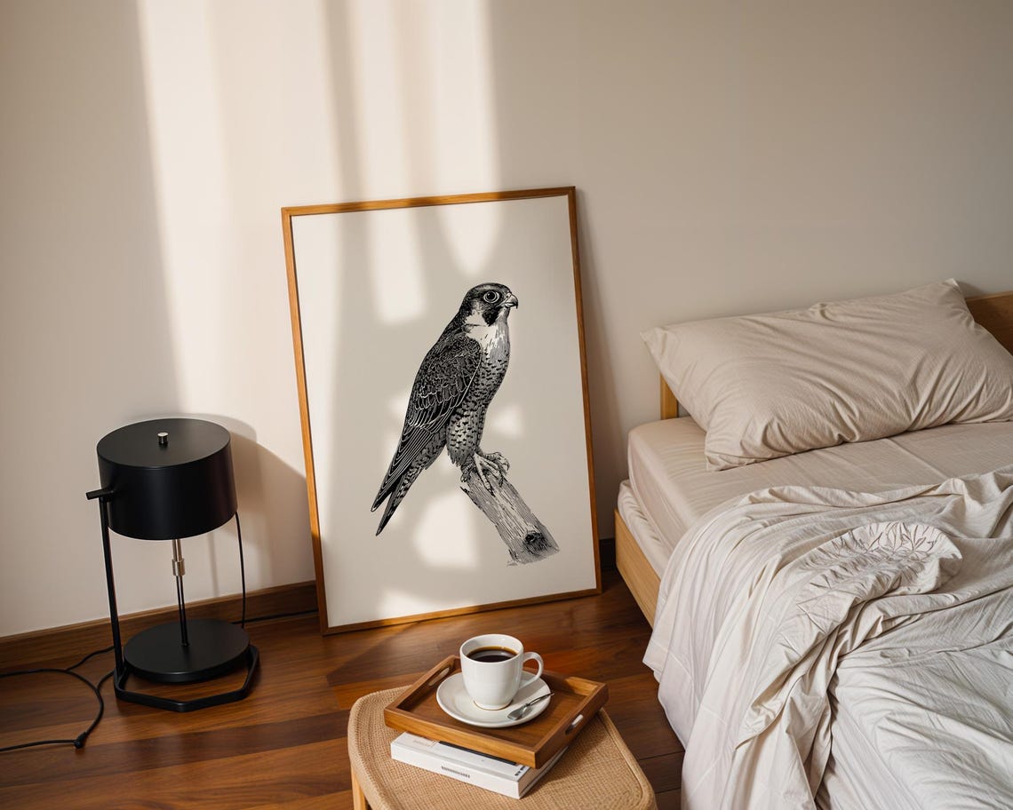 Falcon Perched Branch Black White Engraving Style Bird Poster - Image 3