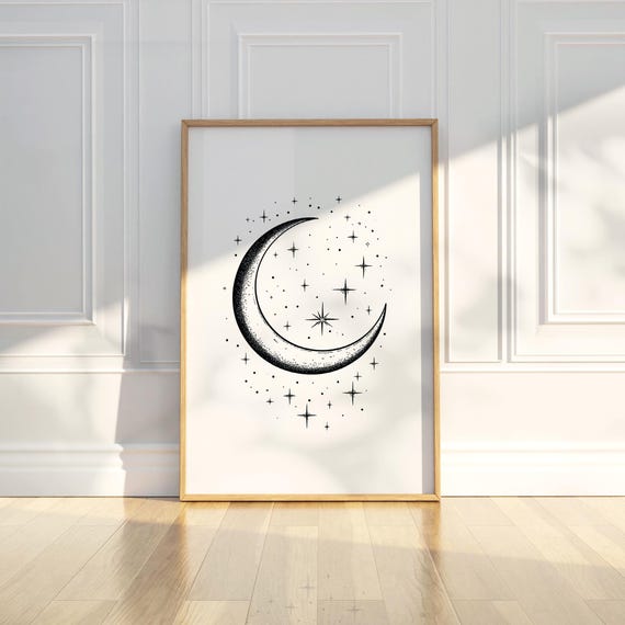 Minimalist Crescent Moon Star Line Art Pencil Sketch Drawing Trendy Poster Wall Print Modern Home Decor Gift