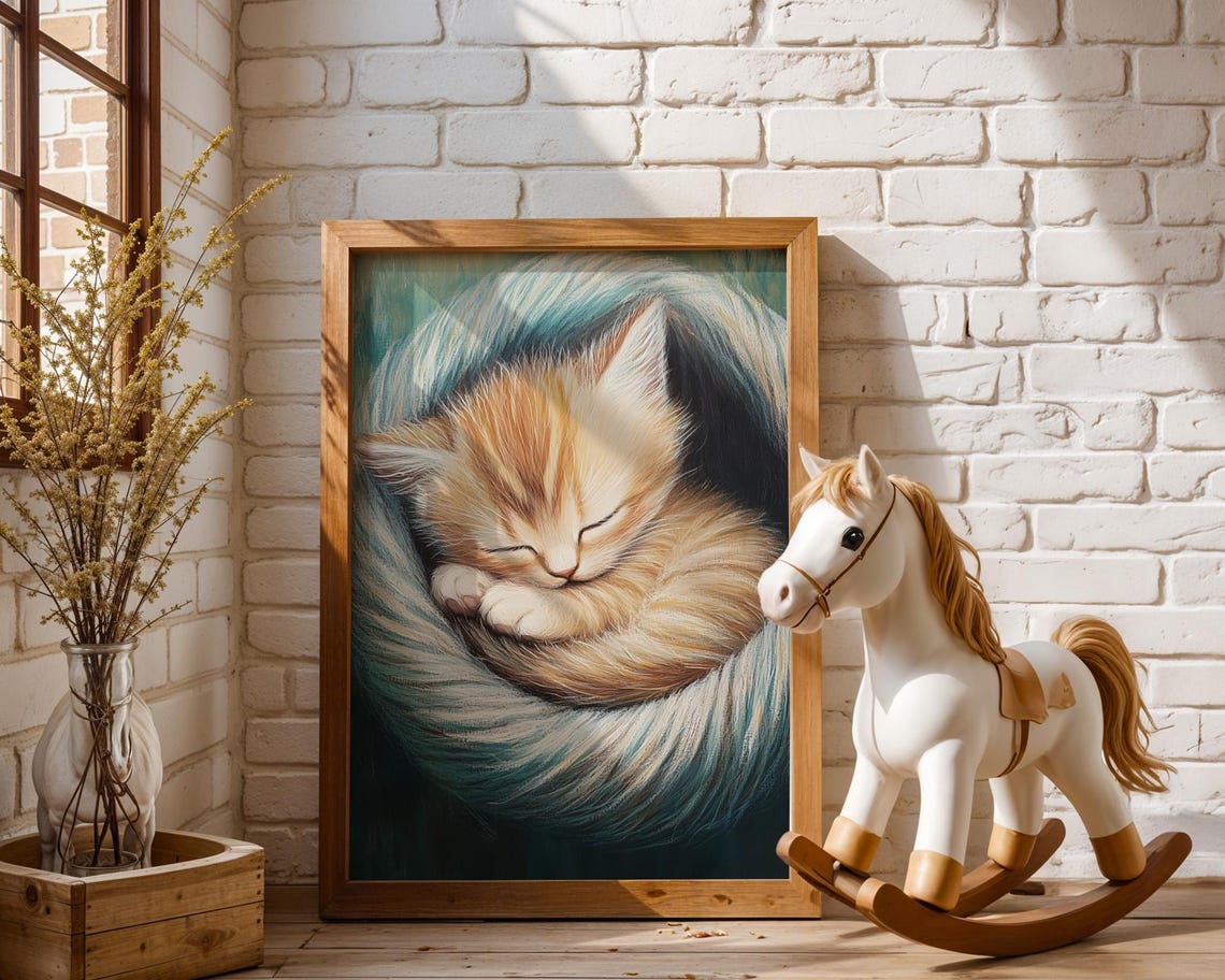 Sweet Sleeping Ginger Kitten Curled in Teal Swirl Art Poster - Image 2