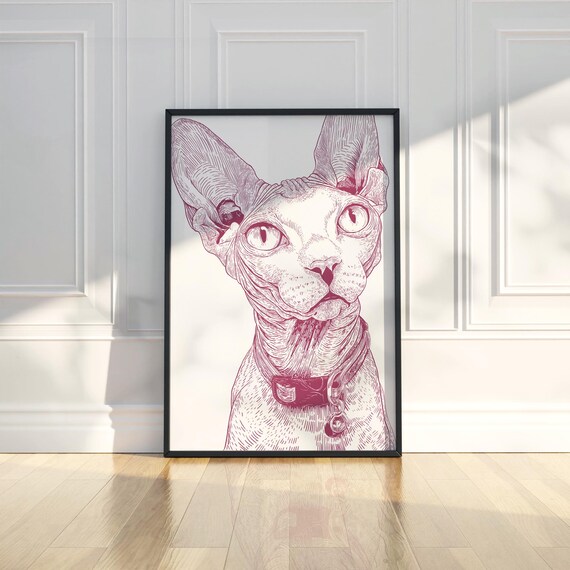 Sphynx Cat Portrait Magenta Ink Sketch Pet Illustration Poster