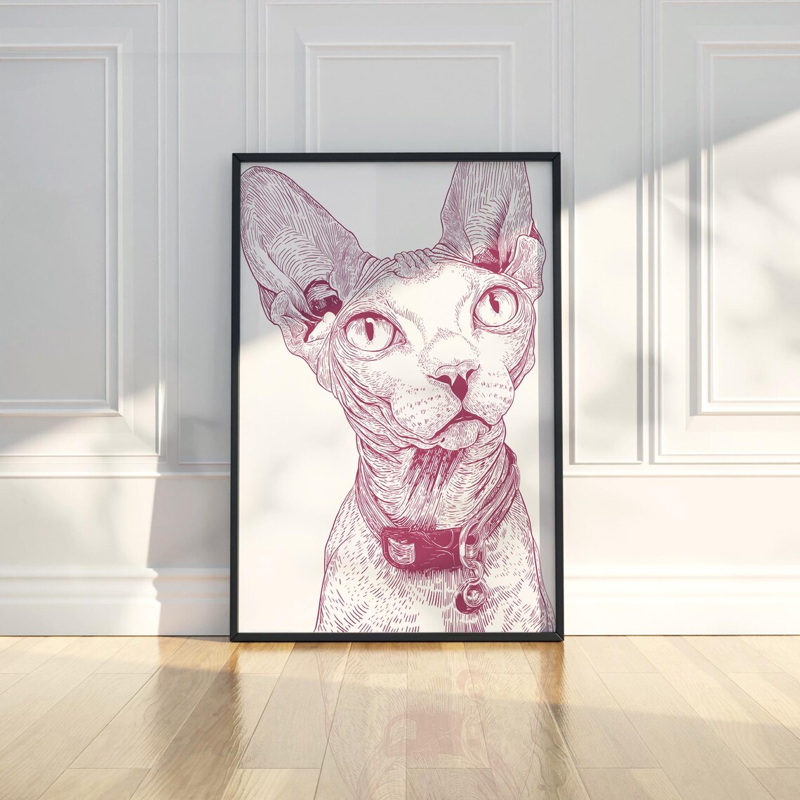 Sphynx Cat Portrait Magenta Ink Sketch Pet Illustration Poster