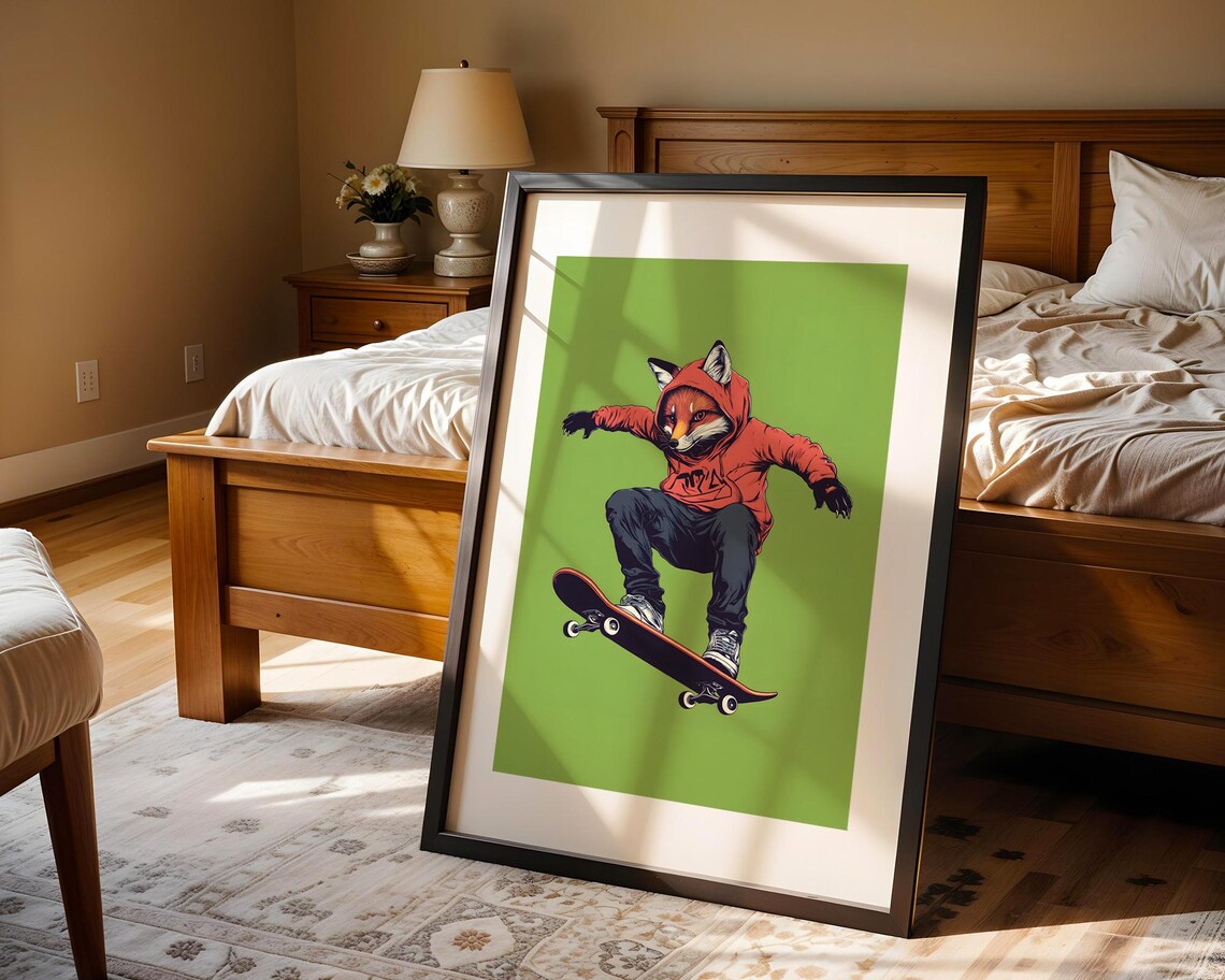 Skateboarding Fox Red Hoodie Kickflip Trick Fresh Green Skater Poster - Image 5