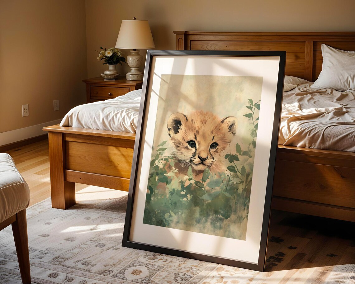 Baby Lion Cub Peeking Through Green Foliage Watercolor Art Poster