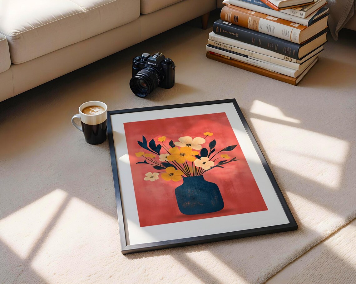 Cheerful Floral Bouquet In Dark Blue Vase On Coral Pink Poster - Image 3