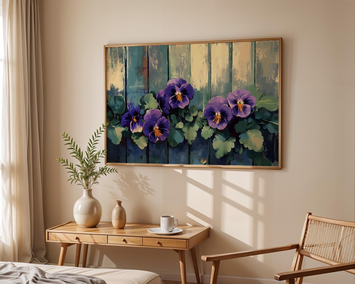 Purple Pansies Rustic Wooden Fence Vintage Garden Floral Wall Art - Image 5