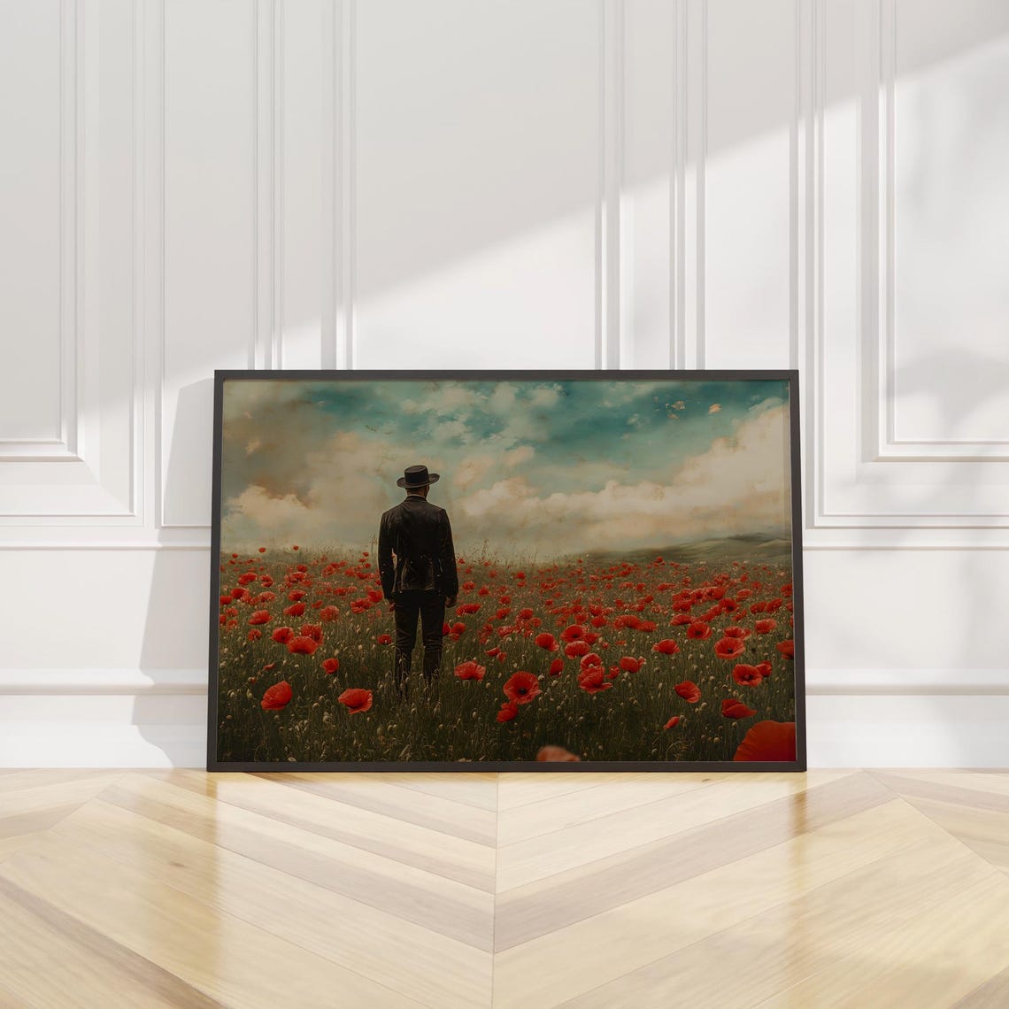 Moody Men In Red Poppy Field Wall Art Print Oil Painting Remembrance Day Floral Nature Landscape Home Decor Living Room Bedroom Office Gift
