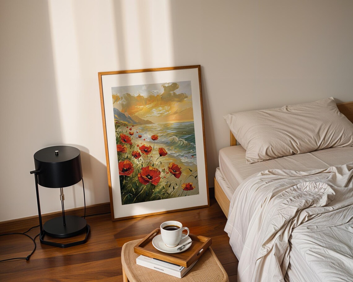 Red Poppies Ocean Shore Sunset Waves Beach Floral Oil Painting Poster - Image 2