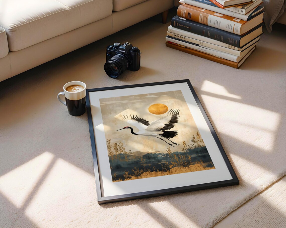 Elegant Crane Flying Beneath Golden Sun Asian Inspired Art Poster - Image 5