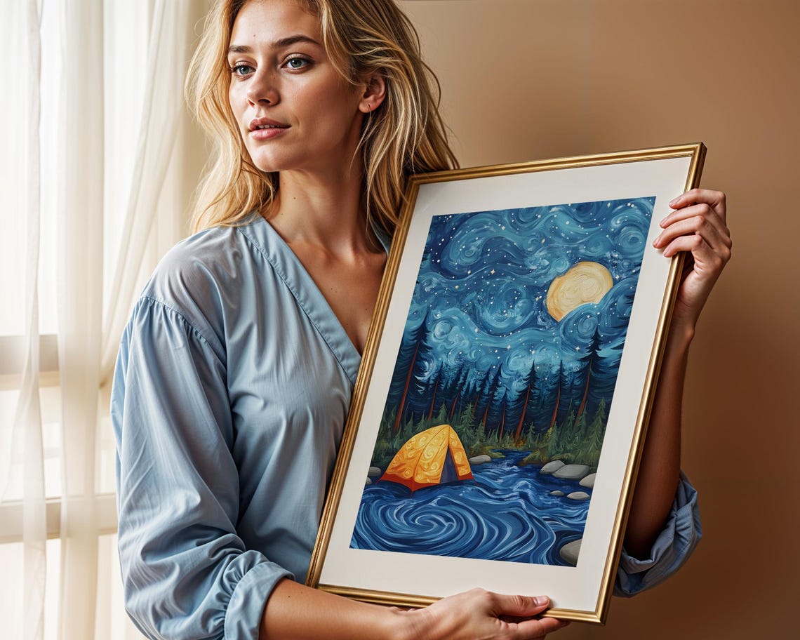 Starry Night Camping Wall Art Print Vibrant Tent Under Moonlit Sky Illustration Dreamy Adventure Landscape Nature Lover - Image 2