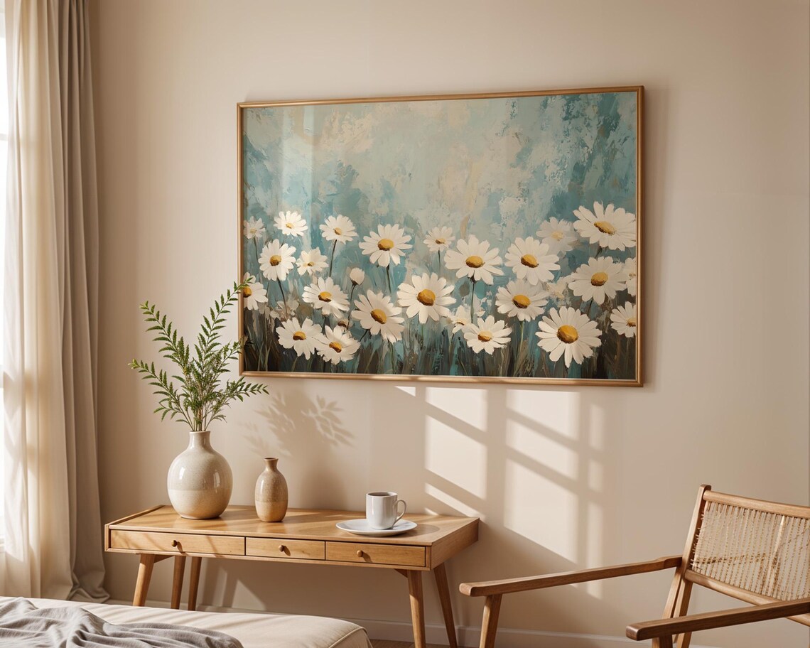 White Daisies Teal Textured Background Floral Oil Painting Poster - Image 4