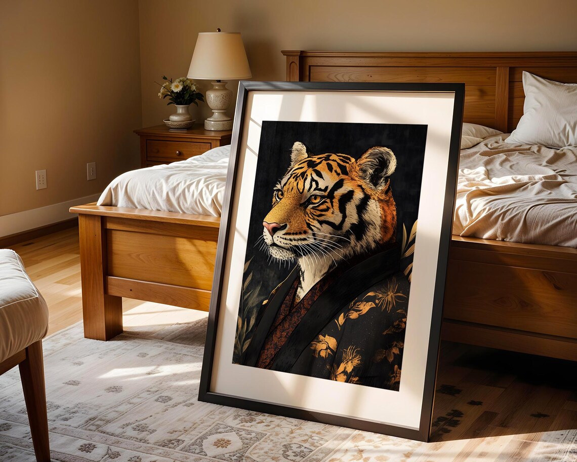 Tiger Portrait Wearing Floral Kimono Dark Japanese Style Wall Art - Image 3