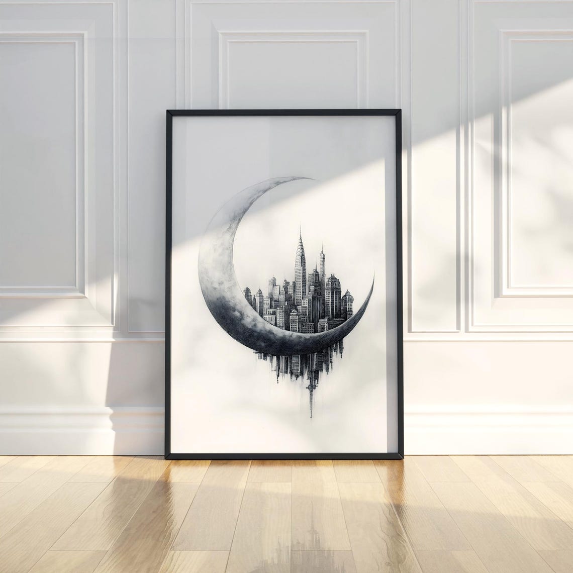Crescent Moon Cradling City Skyline Monochrome Pencil Sketch Poster - Image 2