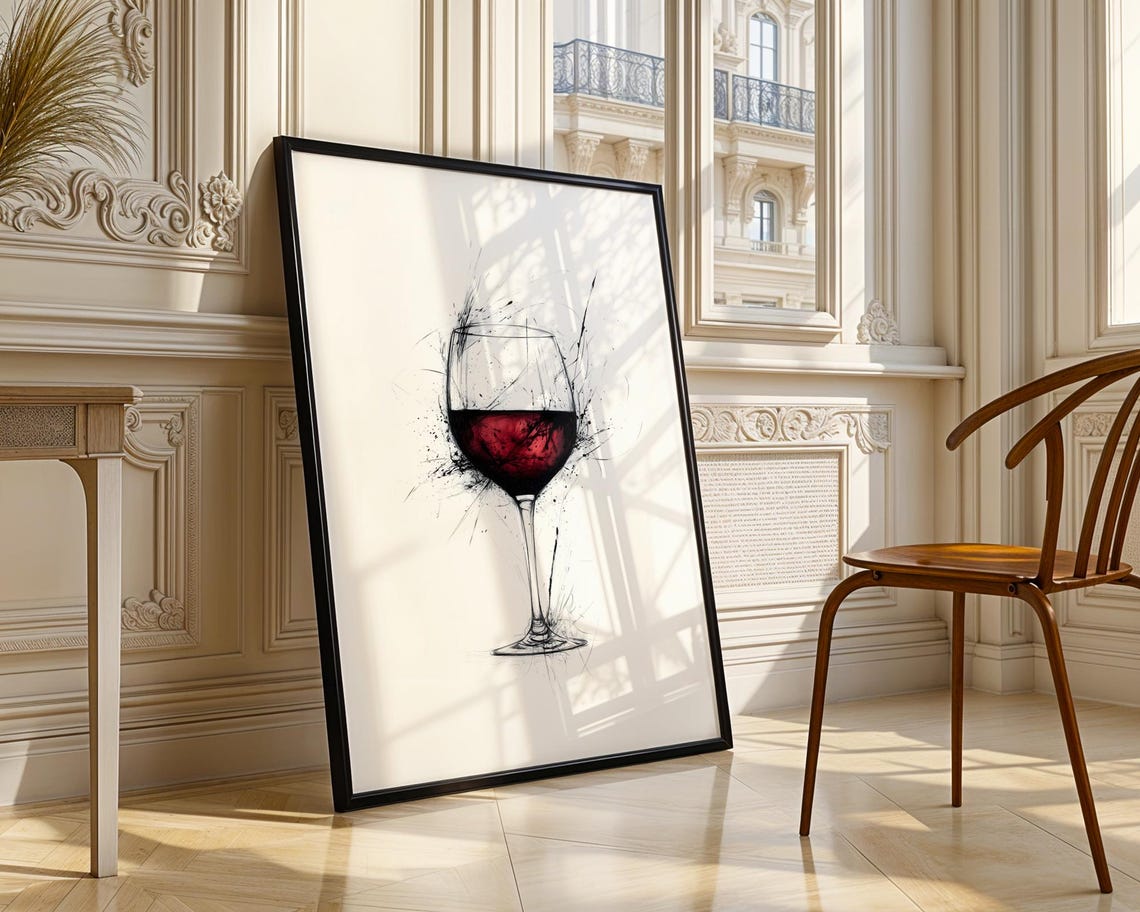 Red Wine Glass Ink Splatter Sketch Elegant Kitchen Bar Wall Art - Image 4