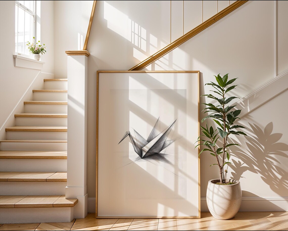 Delicate Origami Paper Crane Pencil Sketch Minimalist Art Poster - Image 3