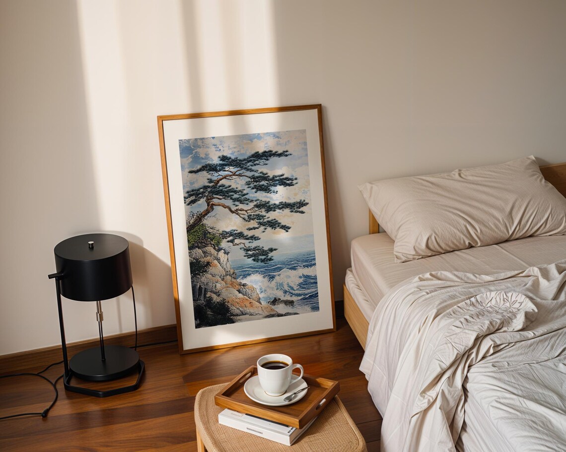 Japanese Pine Tree Coastal Cliff Wave Ukiyo E Style Art Print - Image 2