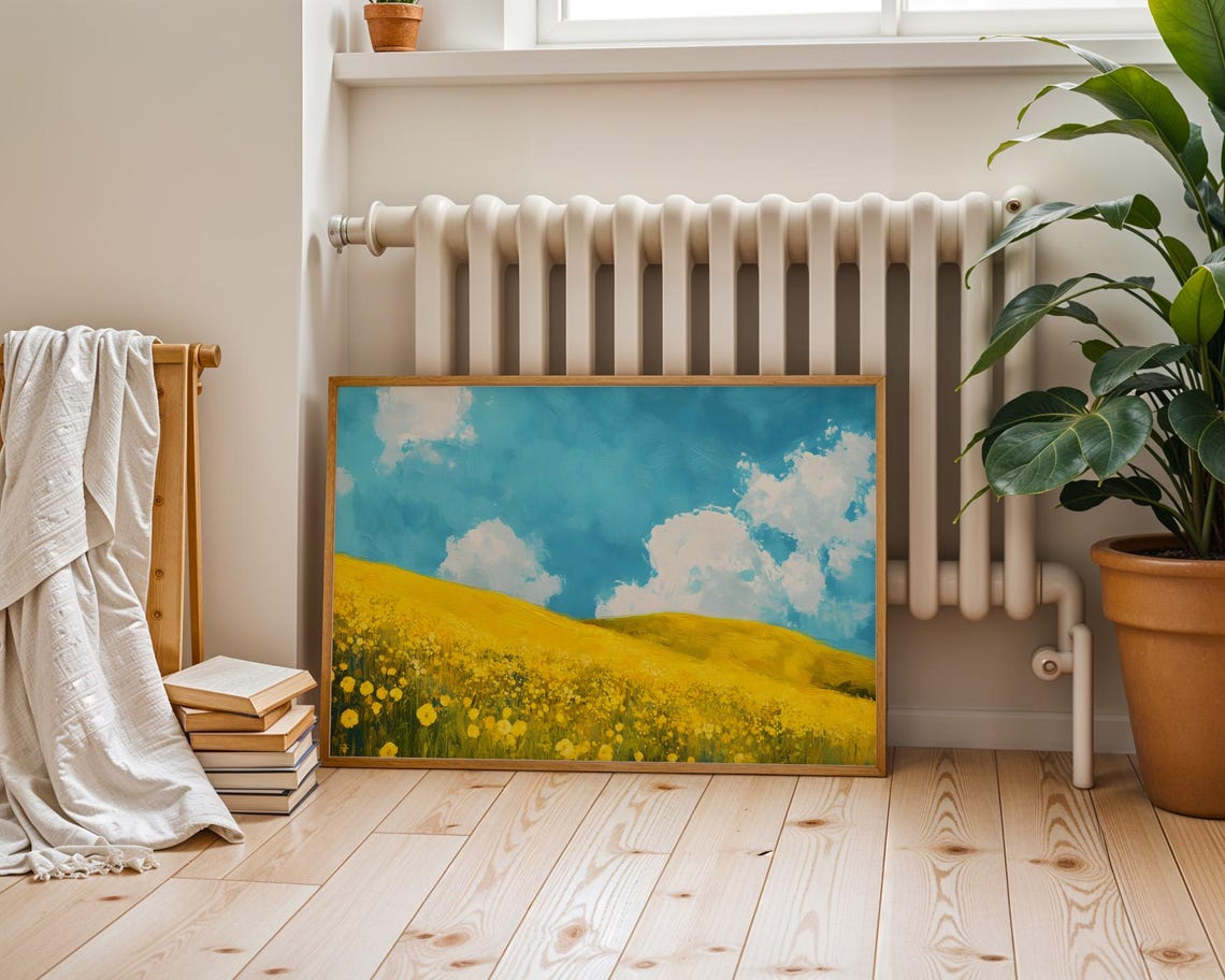 Yellow Wildflower Hills Turquoise Sky Bright Summer Art Poster - Image 3