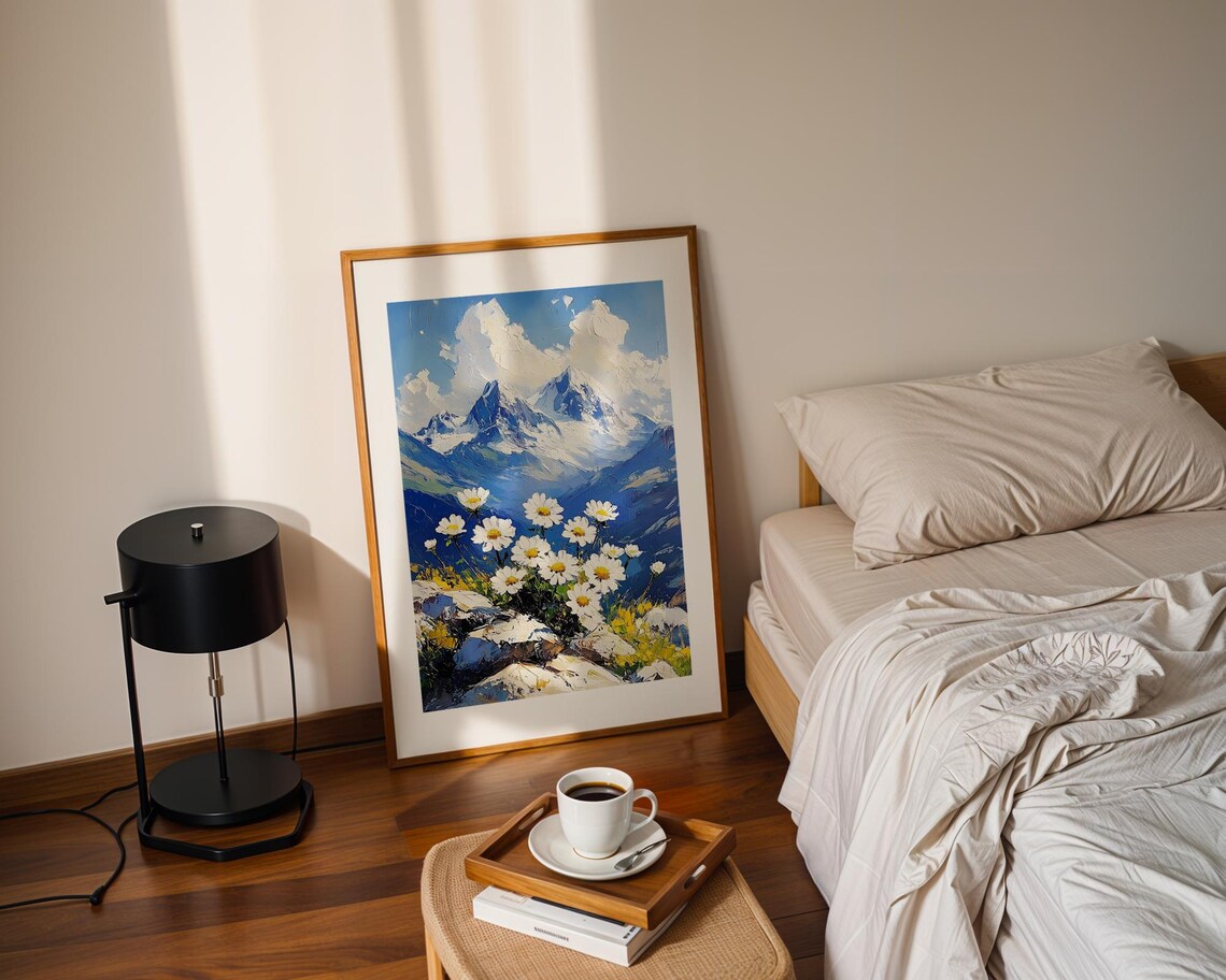 White Daisies Alpine Mountain Peaks Impasto Oil Style Poster - Image 2