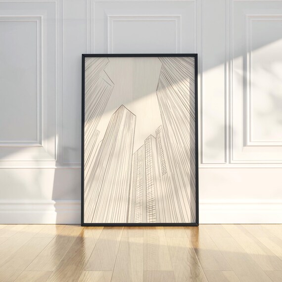 City Skyscraper Sketch Art Poster in Minimal Pencil Drawing Style