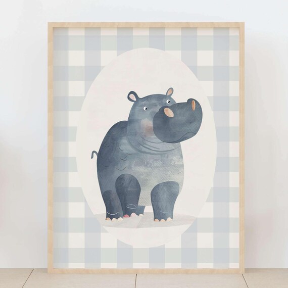 Cute Baby Hippo Whimsical Watercolor Grey Gingham Nursery Poster