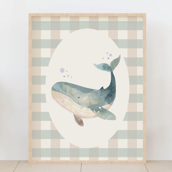 Gingham Animal Print Of A Whale Ocean Sea Kids Room Poster Under The Baby Shower
