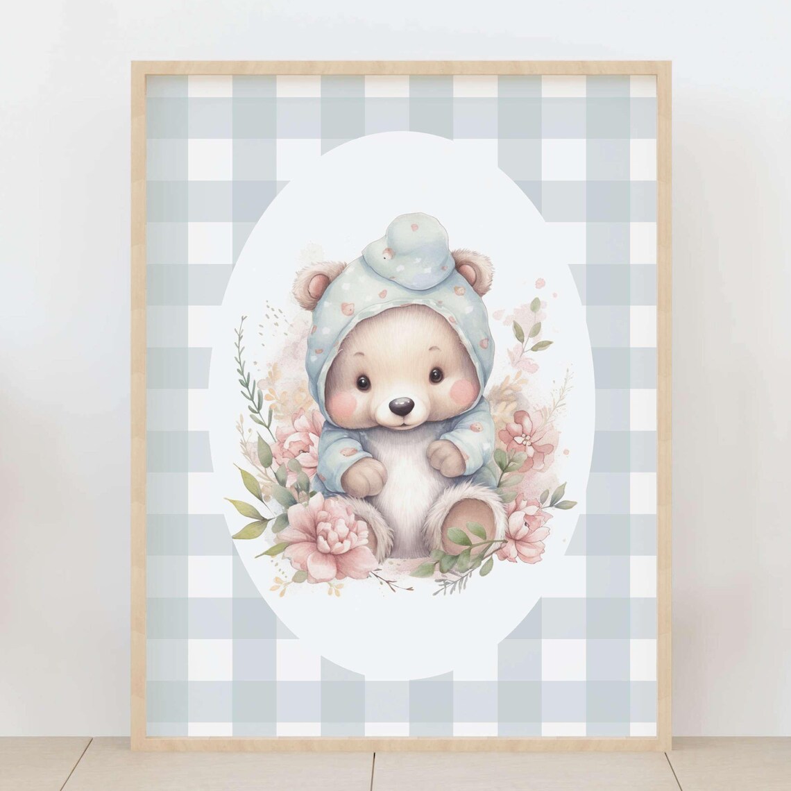 Baby Bear in Blue Floral Hood with Flowers Nursery Decor Poster