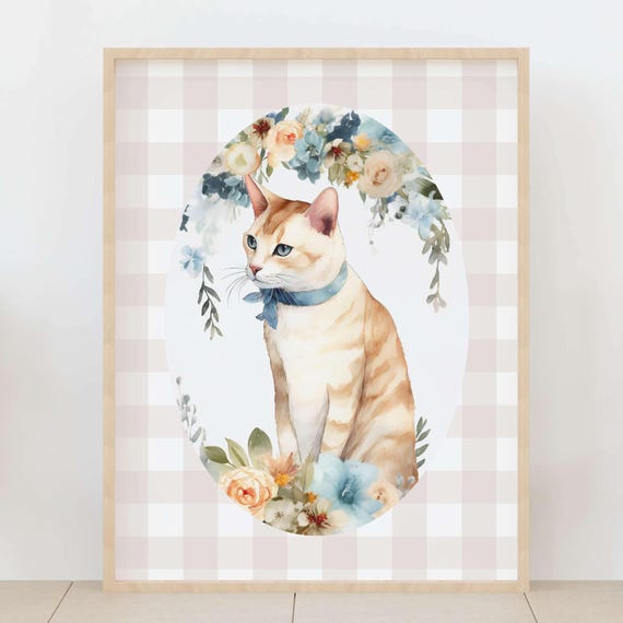Whimsical Animal Poster Cat Nursery Wall Art Kitten With Floral Print Beige Gingham Baby Room Decor