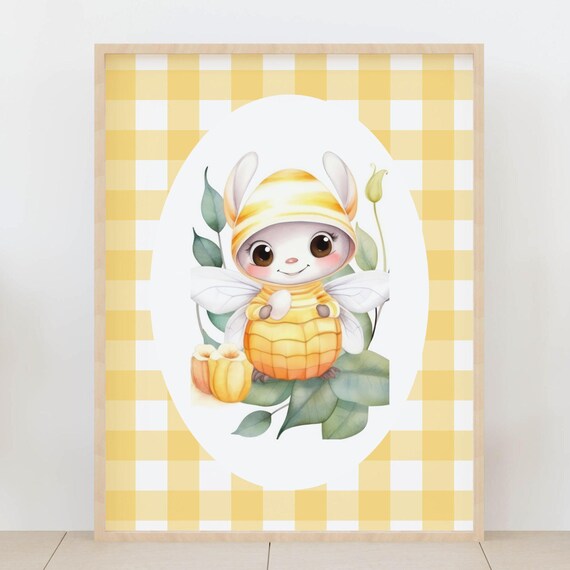 Bunny Bee Costume Nursery Poster Yellow Gingham Baby Room Decor