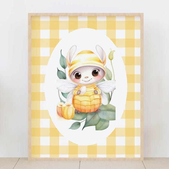 Bunny Bee Nursery Wall Art Yellow Gingham Baby Room Dcor Cute Animal Kids Poster Gender Neutral Artwork
