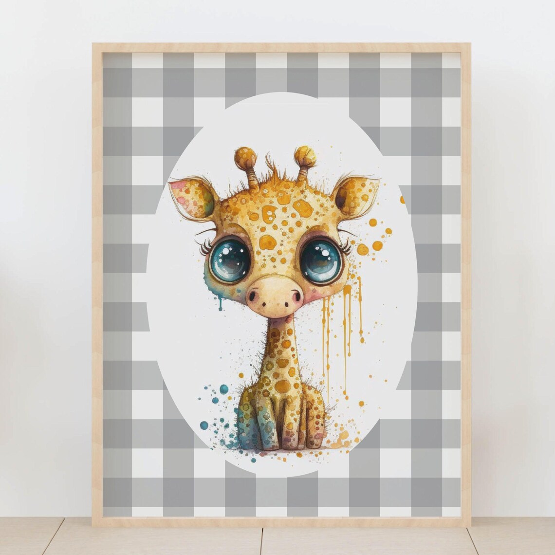 Baby Giraffe Nursery Poster Big Blue Eyes Grey Gingham Safari Decor