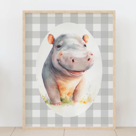 Smiling Baby Hippo Nursery Watercolor Safari Animal Art Print