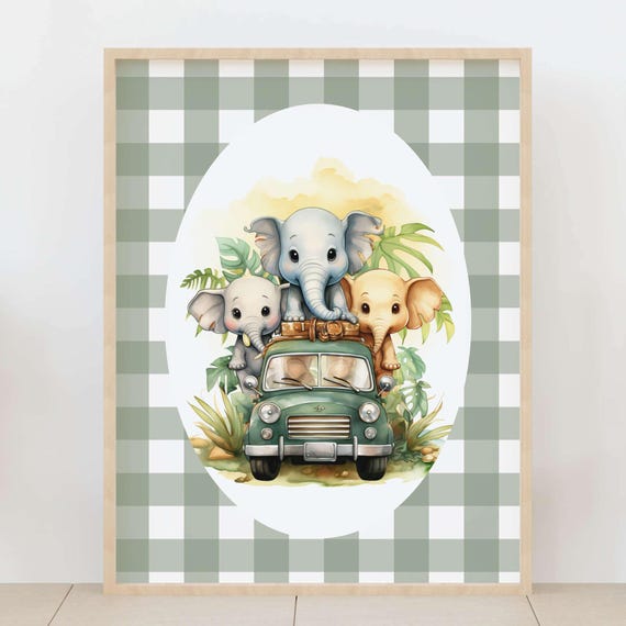 Sage Green Gingham Baby Room Decor Elephant Safari Nursery Wall Art Elephants On Car Whimsical Animal Poster