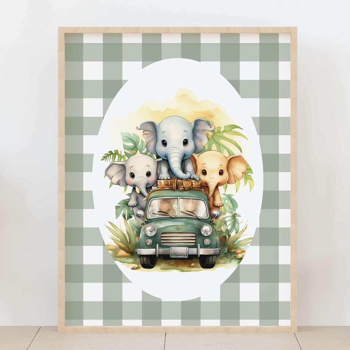 Cute Baby Elephants Safari Jeep Watercolor Sage Nursery Poster