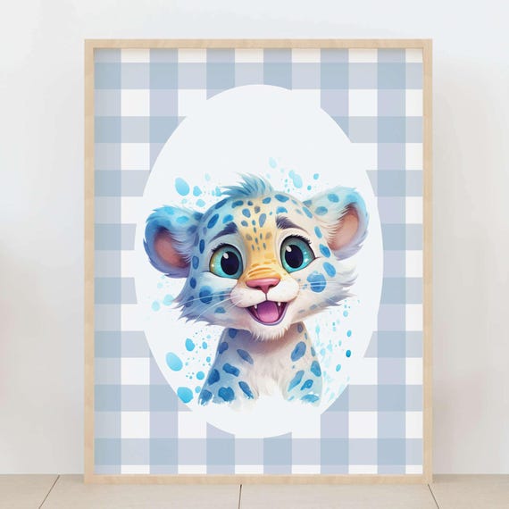 Blue Gingham Baby Room Leopard Cub Nursery Wall Art Jungle Animal Kids Decor Cute Safari Cat Poster