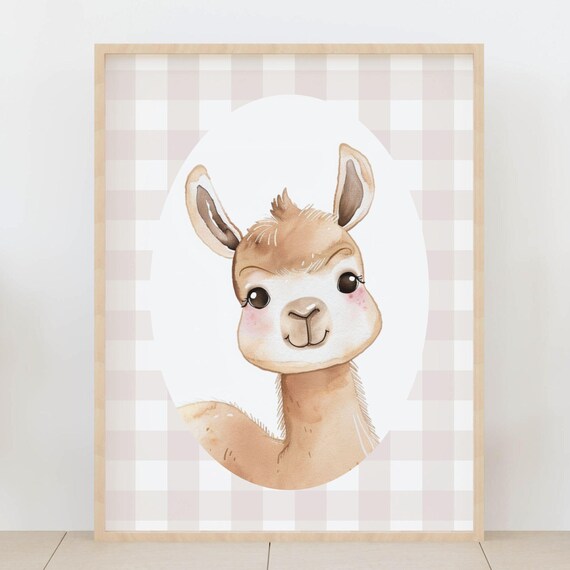 Cute Llama Nursery Poster Pink Gingham Baby Room Farm Animal Decor
