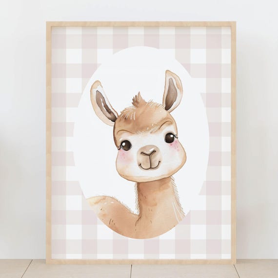 Cute Llama Nursery Wall Art Neutral Beige Gingham Baby Room Decor Farm Animal Kids Poster Artwork