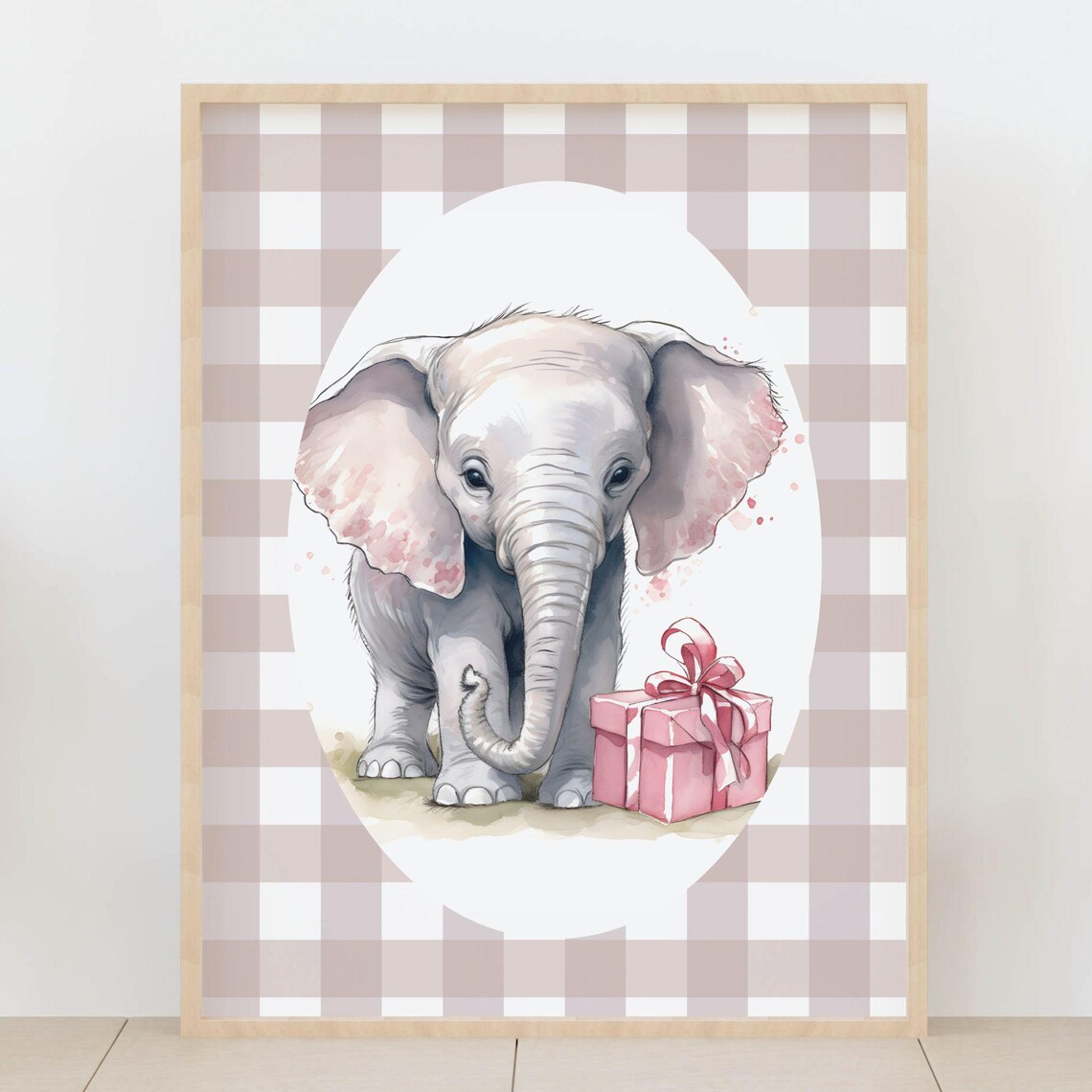 Baby Elephant Watercolor Gift Box Gingham Nursery Room Poster