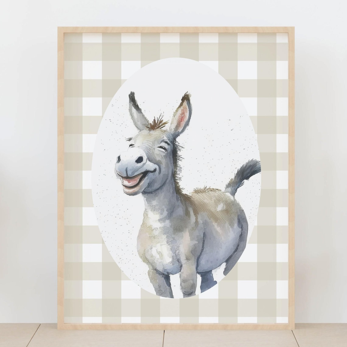 Smiling Donkey Watercolor Cute Farm Animal Kids Nursery Poster