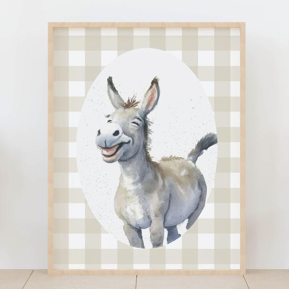 Vintage Gingham Donkey Nursery Wall Art Farm Animal Kids Room Decor Neutral Gender Baby Poster Whimsical Prints