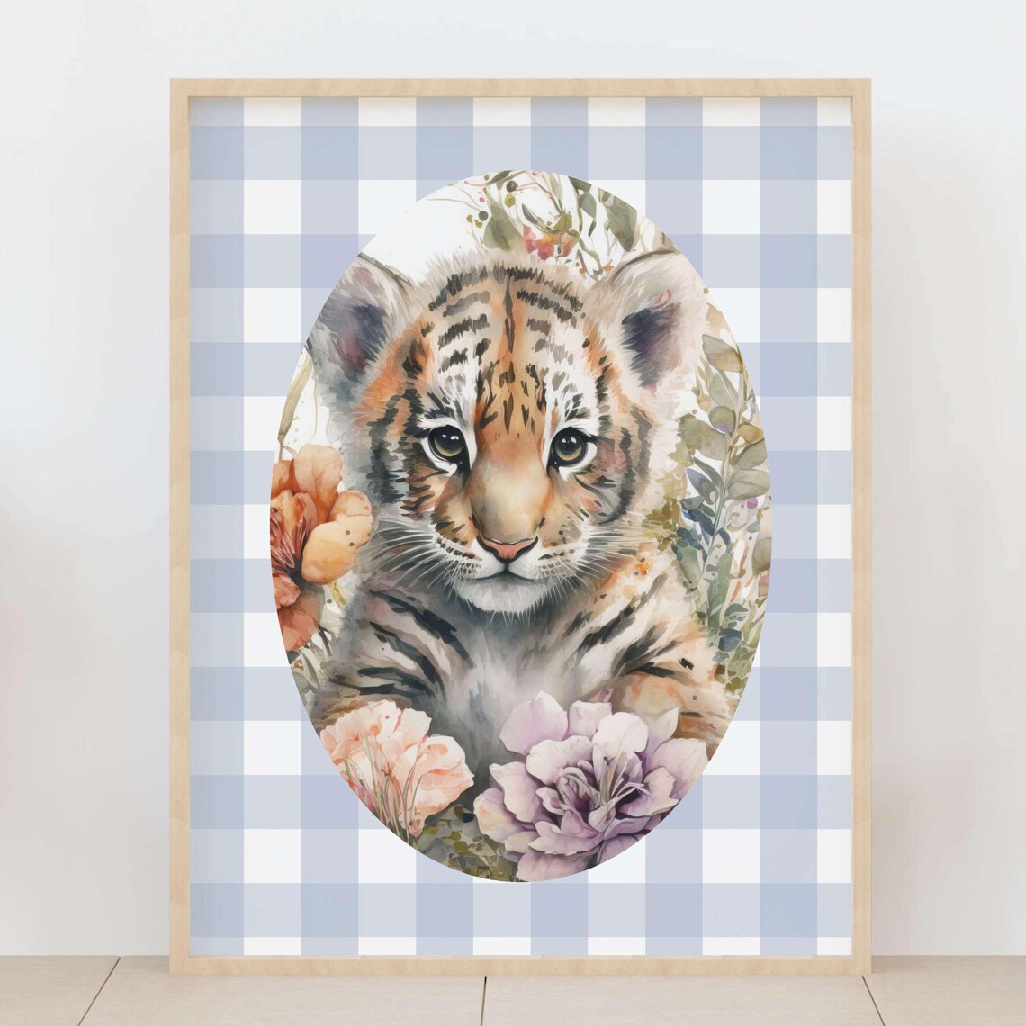 Baby Tiger Cub Floral Watercolor Blue Gingham Nursery Poster