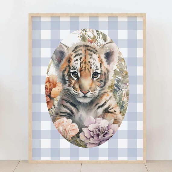 Baby Tiger Cub Floral Watercolor Blue Gingham Nursery Poster