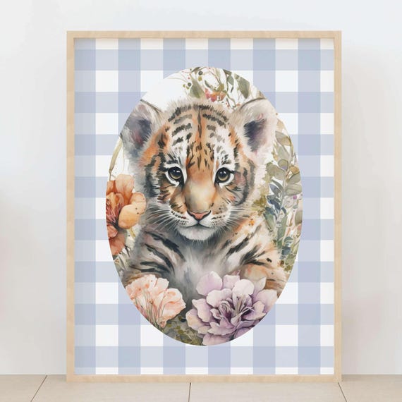 Soft Blue Gingham Baby Room Decor Tiger With Floral Accents Cub Nursery Wall Art Whimsical Animal Poster