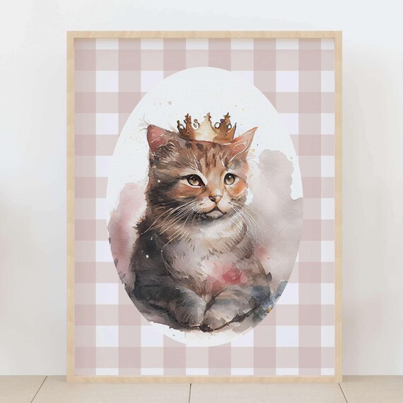 Princess Cat Watercolor Gold Crown Gingham Nursery Room Poster