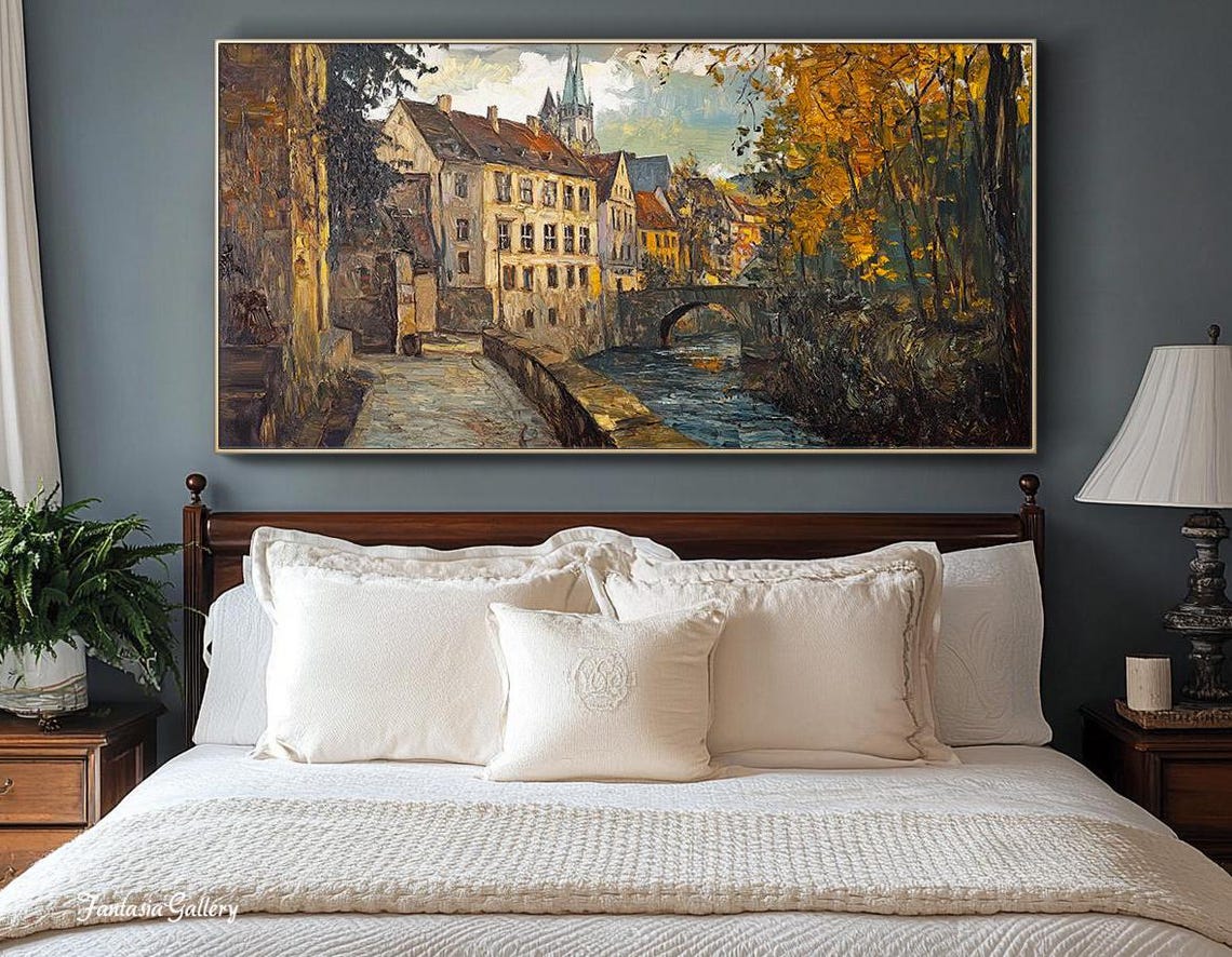 European Old Town Riverside Autumn Impasto Oil Painting Landscape Art - Image 3