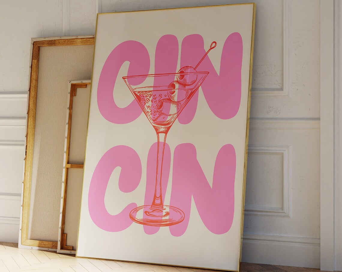 Pink Gin Gin Bubble Letters Orange Martini Glass Bar Cart Poster - Image 4